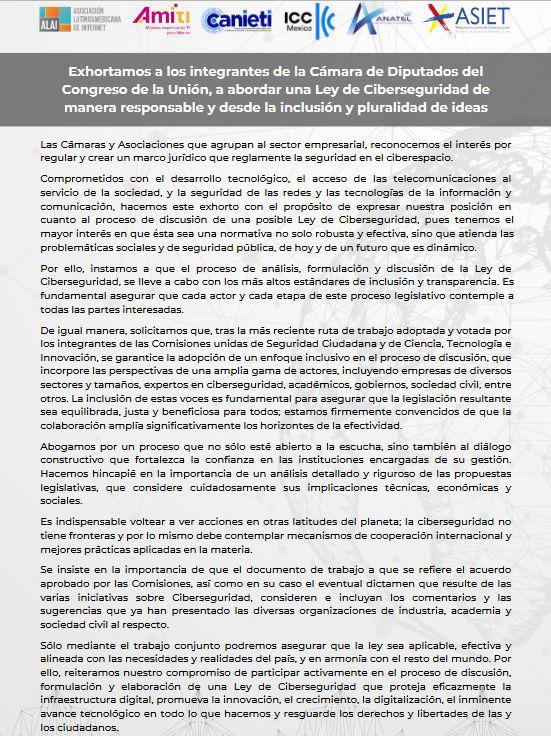 Camaras y asociaciones empresariales exhortan a diputados y senadores a abordar una Ley de Ciberseguridad de manera responsable y desde la inclusión y pluralidad de ideas