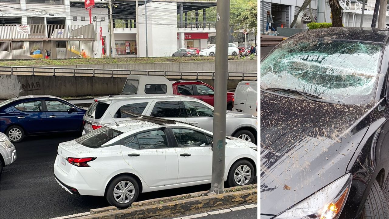 Tubo de metal cae del segundo piso del Periférico Sur; hay dos autos afectados